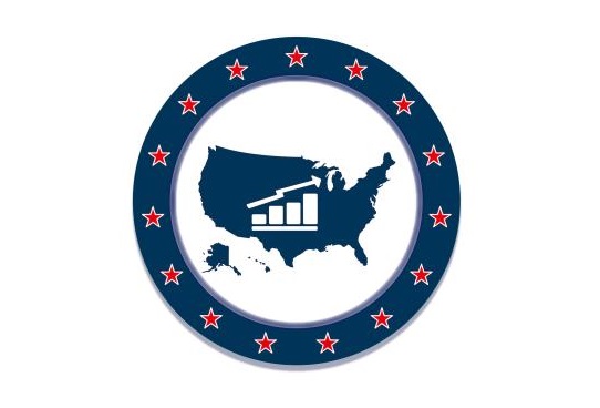 Map of the United States with a bar chart icon and upward arrow, surrounded by a circle of red stars