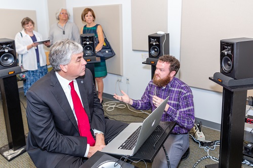 HHS Deputy Secretary Eric Hargan participates in technology demonstration simulating a noisy real-world environment at Gallaudet University with David Thornton.