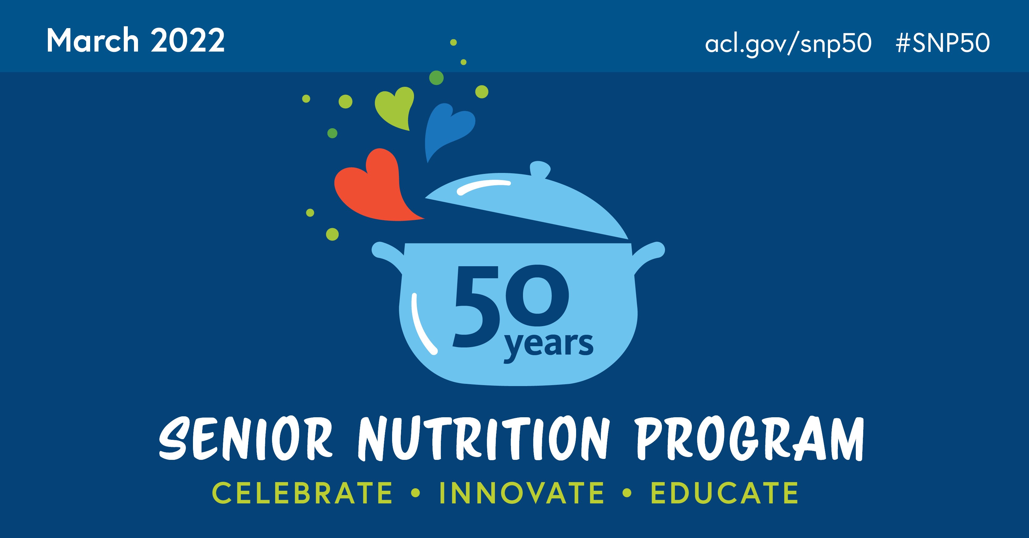 Social graphic: Senior Nutrition Program 50 Years. Celebrate, Innovate, Educate. March 2022. #SNP50. ACL.gov/SNP50